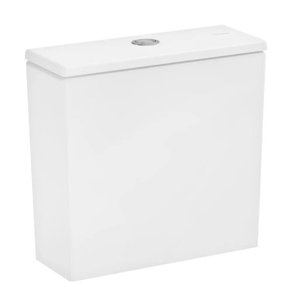 Weißer Spülkasten mit Wasseranschluss unten, rechteckiger Form und Druckknopf, geeignet für WC-Anlagen. Produkt von Hansgrohe.